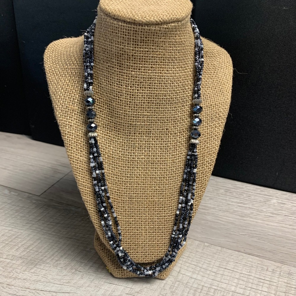 Multi Strand Seed Bead Necklace Black White Grey Faceted Crystal Accents 22 Inch